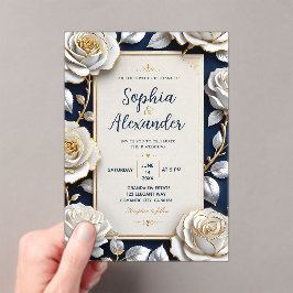 Elegant White and Gold Rose on Navy Blue Acryl Uitnodigingen