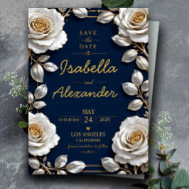 Elegant White and Gold Rose on Navy Blue Acryl Uitnodigingen
