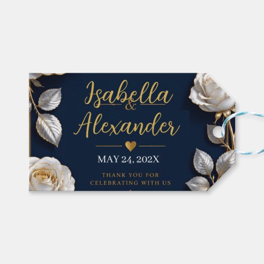 Elegant White and Gold Rose on Navy Blue Cadeaulabel (Voorkant (Horizontaal))