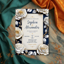 Elegant White and Gold Rose on Navy Blue Kaart