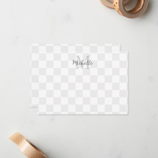 Elegant White and Gray Checkerboard Personalized Notitiekaartje (Voorkant / Achterkant in situ)