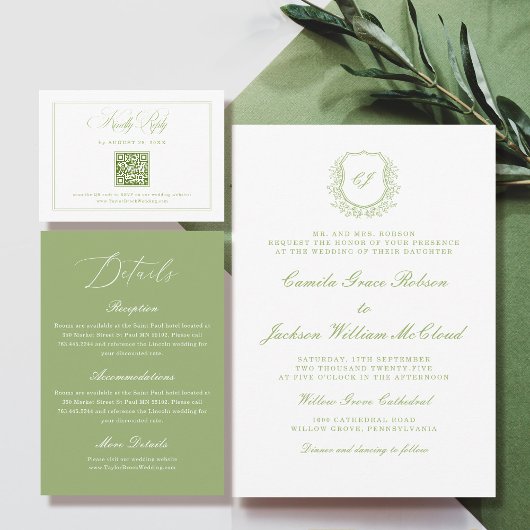 Elegant White and Green Wedding RSVP Qr Code Informatiekaartje