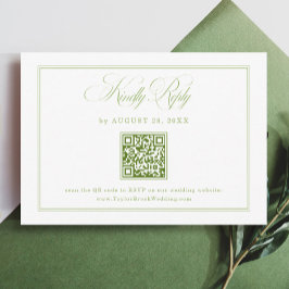Elegant White and Green Wedding RSVP Qr Code Informatiekaartje