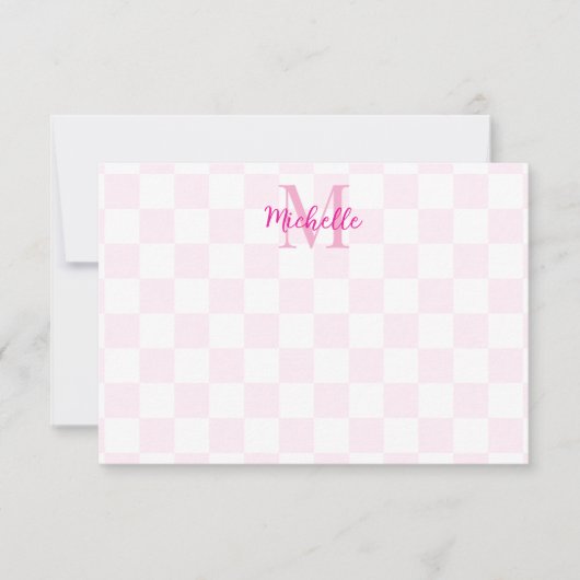 Elegant White and Pink Checkerboard Custom Name Notitiekaartje (Voorkant)