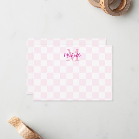 Elegant White and Pink Checkerboard Personalized Notitiekaartje (Voorkant / Achterkant in situ)