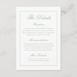 Elegant White and Sage Green Wedding Details  Informatiekaartje