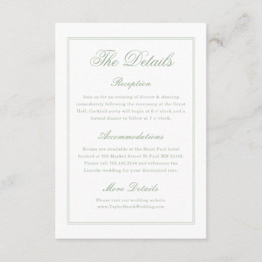 Elegant White and Sage Green Wedding Details  Informatiekaartje (Voorkant)