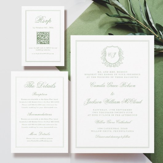 Elegant White and Sage Green Wedding RSVP Qr Code Informatiekaartje