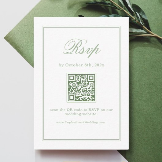 Elegant White and Sage Green Wedding RSVP Qr Code Informatiekaartje