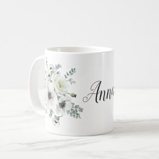 Elegant White Anemones Protea Eucalyptus Name Koffiemok (Voorkant links)