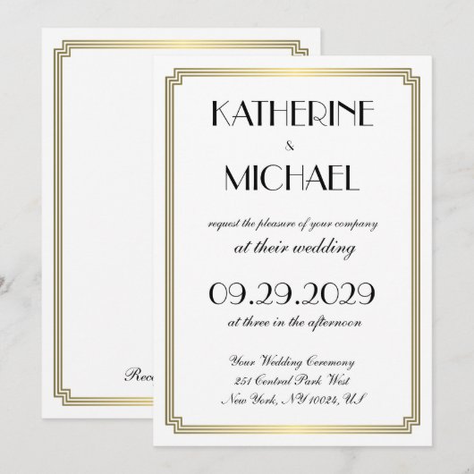Elegant White Art Deco Wedding Invitations Kaart (Voorkant / Achterkant)