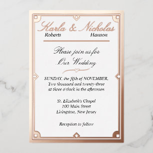 Elegant White Art Deco Wedding. Roos Gold Foil Inv Folie Uitnodiging