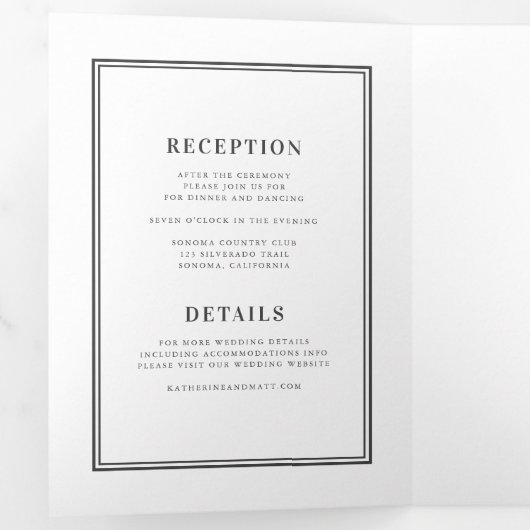 Elegant White & Black All-in-One Wedding Drieluik Uitnodiging (Binnenzijde eerst)