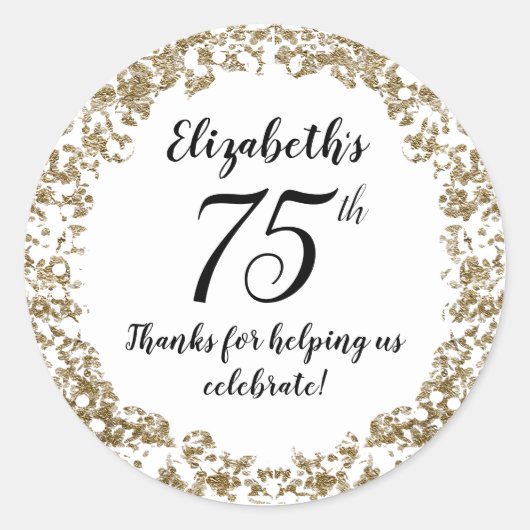 Elegant White Black and Gold 75th Birthday Ronde Sticker (Voorkant)