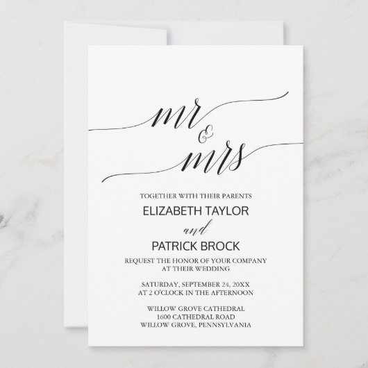 Elegant White Black Calligraphy "Mr & Mrs" Wedding Kaart (Voorkant)