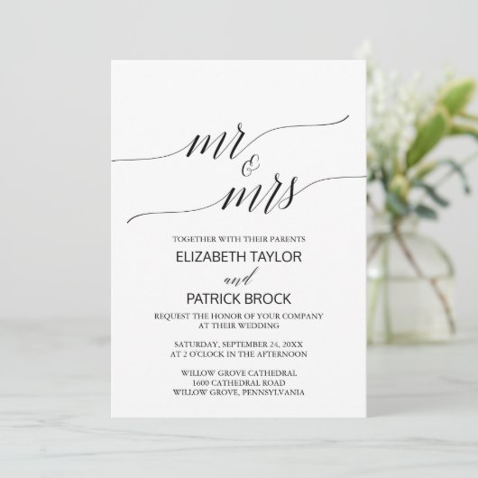 Elegant White Black Calligraphy "Mr & Mrs" Wedding Kaart (Staand voorkant)