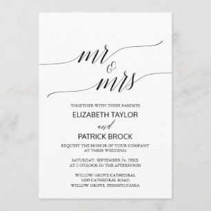 Elegant White Black Calligraphy "Mr & Mrs" Wedding Kaart