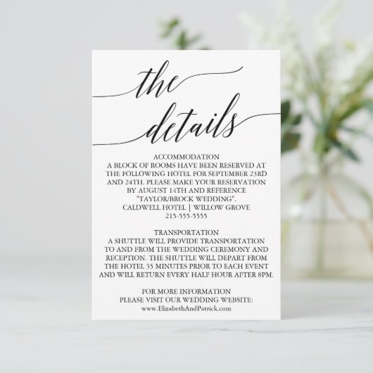 Elegant White & Black Calligraphy Weddenschap Deta Informatiekaartje (Staand voorkant)