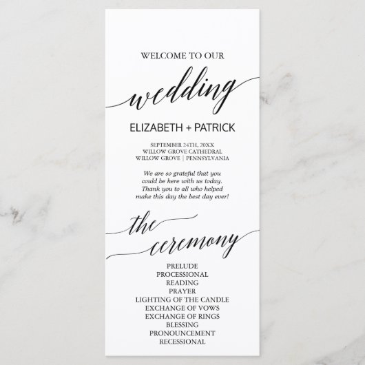 Elegant White & Black Calligraphy Wedding Programm Programmakaart (Voorkant)