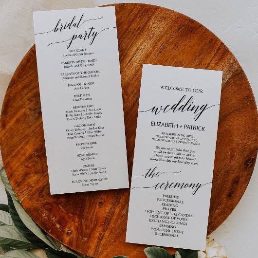 Elegant White & Black Calligraphy Wedding Programm Programmakaart