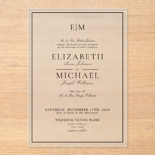 Elegant White Black Classic Monogram Weddenschap Acryl Uitnodigingen (Voorkant)