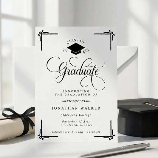 Elegant White Black College Graduation  Aankondiging