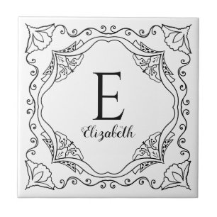Elegant White Black Decorative Name Monogram Tegeltje