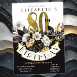 Elegant White Black en Gold Floral 80th Birthday Kaart<br><div class="desc">Elegant White, Black and Gold 80th Birthday Invitations for Women. Gemakkelijk om de steekproeftekst te veranderen door te klikken personaliseer. Klik op Aanpassen om het lettertypetype, de lettertypekleur, de lettertypegrootte te wijzigen of om de tekst- of ontwerpelementen toe te voegen/te verwijderen/te wijzigen. Deze uitnodiging is ook beschikbaar voor de 30e,...</div>