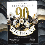 Elegant White Black en Gold Floral 90th Birthday Kaart<br><div class="desc">Elegant White, Black and Gold 90th Birthday Invitations for Women. Gemakkelijk om de steekproeftekst te veranderen door te klikken personaliseer. Klik op Aanpassen om het lettertypetype, de lettertypekleur, de lettertypegrootte te wijzigen of om de tekst- of ontwerpelementen toe te voegen/te verwijderen/te wijzigen. Deze uitnodiging is ook beschikbaar voor de 30e,...</div>