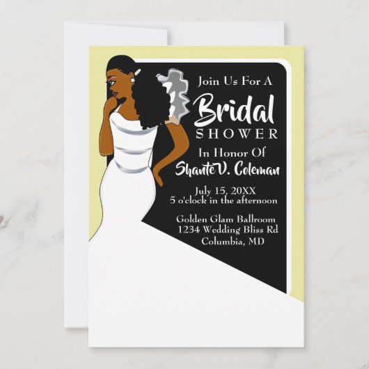 Elegant White, Black, Gold African American Bridal Kaart (Voorkant)