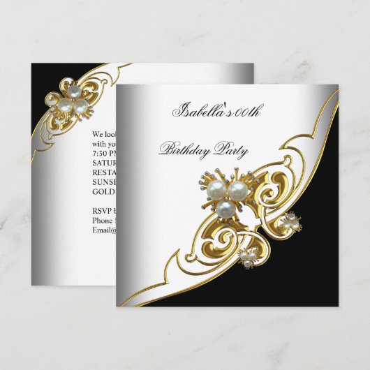 Elegant White Black Gold Pearl Birthday Kaart (Voorkant / Achterkant)