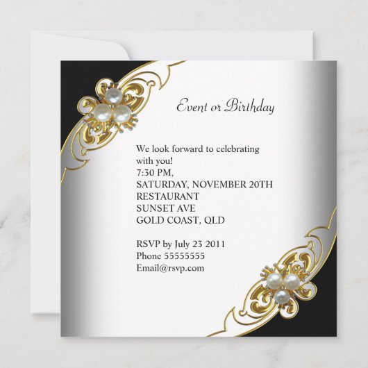 Elegant White Black Gold Pearl Birthday Kaart (Achterkant)