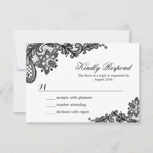 Elegant White Black Lace Classic Wedding RSVP Kaar (Voorkant)