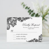 Elegant White Black Lace Classic Wedding RSVP Kaar (Staand voorkant)