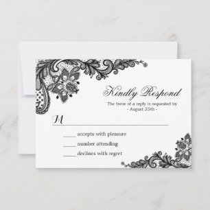 Elegant White Black Lace Classic Wedding RSVP Kaar Kaartje