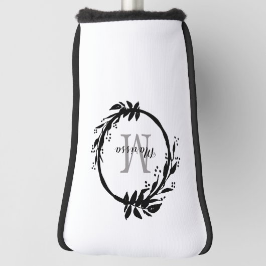 Elegant White & Black Monogram Name Wreate Golfheadcover (Draai 90)