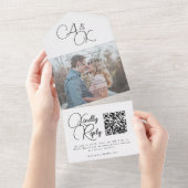 Elegant White Black Monogram Script Photo Weddensc All In One Uitnodiging (Afscheurbaar)