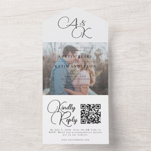 Elegant White Black Monogram Script Photo Weddensc All In One Uitnodiging (Binnen)