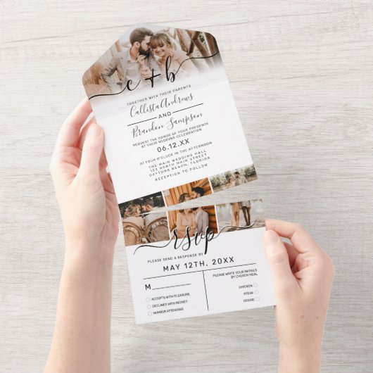 Elegant White Black Photo Monogram Weddenschap RSV All In One Uitnodiging (Afscheurbaar)