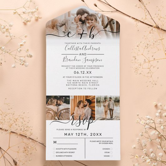 Elegant White Black Photo Monogram Weddenschap RSV All In One Uitnodiging