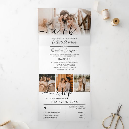 Elegant White Black Photo Monogram Weddenschap RSV Drieluik Uitnodiging (Binnen)