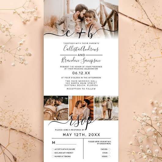 Elegant White Black Photo Monogram Weddenschap RSV Drieluik Uitnodiging