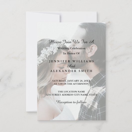 Elegant White & Black Photo Wedding Invitation Kaart (Voorkant)