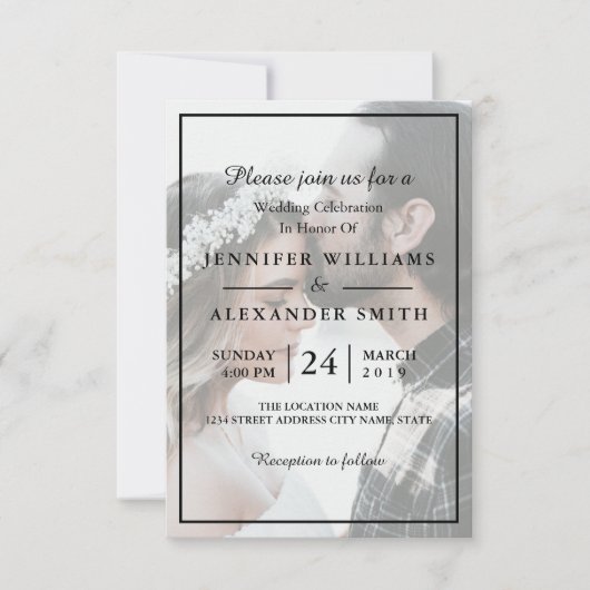 Elegant White & Black Photo Wedding Invitation Kaart (Voorkant)