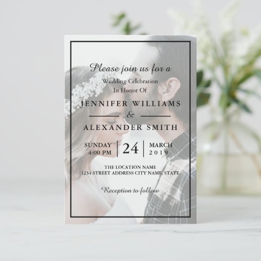 Elegant White & Black Photo Wedding Invitation Kaart (Staand voorkant)