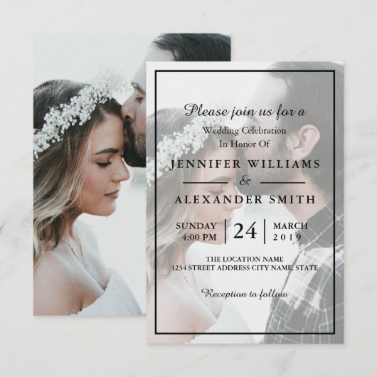 Elegant White & Black Photo Wedding Invitation Kaart (Voorkant / Achterkant)