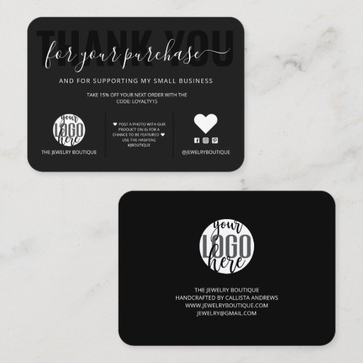 Elegant White Black Script Logo Klant Bedankt Visitekaartje (Voorkant / Achterkant)