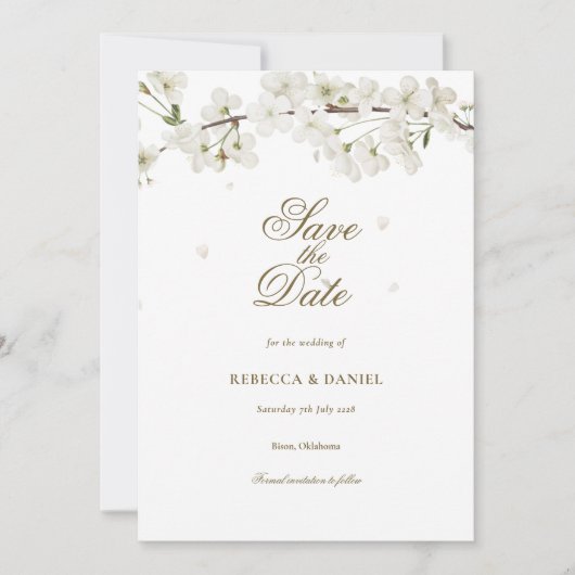 Elegant White Blossom Floral Save the Date (Voorkant)