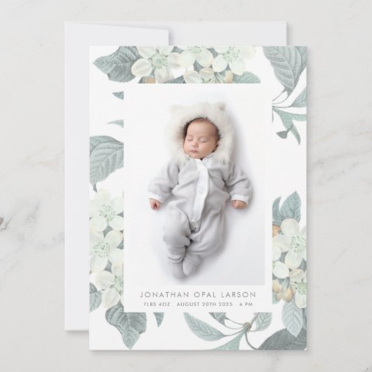 Elegant White Blossom Flower Photo Frame Birth Aankondiging (Voorkant)