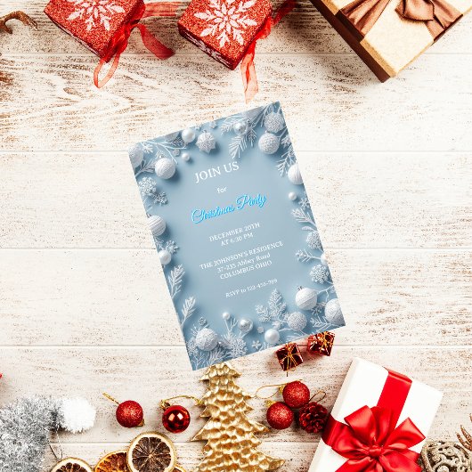 Elegant White & Blue Christmas Invitation Kaart